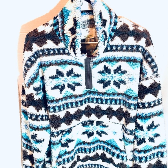 Aerie OFFLINE Cozy Nordic Snowflake Fleece Quarter Zip Pullover Size Large - Picture 2 of 15